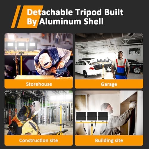 36000Lumen LED Work Lights with Stand - 3 Head Foldable Work Light on Stand with 16FT Cord - IP67 Waterproof Tripod Lights for Outdoor Indoor Job Site Workshop Garage Construction Tripod Lighting - Image 6