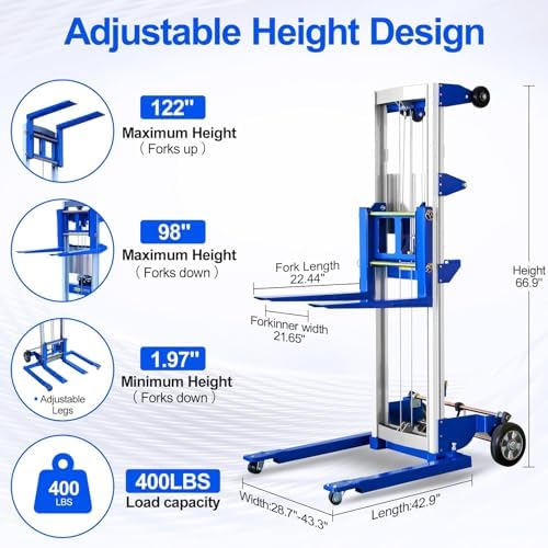 2PCS Material Lift Winch Stacker, 1.97"-122" Height Range, 400 lbs Capacity, Adjustable Straddle Hand Winch Lift Trucks for Warehouse, Factory, 42.90" L x 43.30" W - Image 2