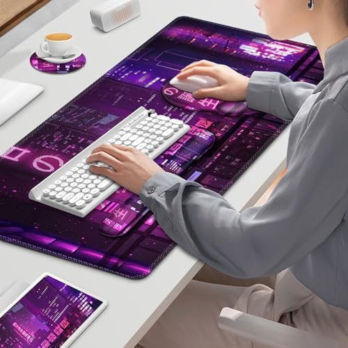 Gaming Mouse Pad, Large Desk Mat, Cute Desk Pad, 4in1 XXL Mousepad + Keyboard Wrist Rest+Mouse Wrist Rest+Coaster Set with Ergonomic Desk Pad for Home Office Table Computer, Purple Anime Neon - Image 7