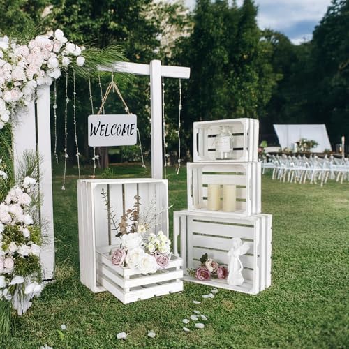 5-Piece Rustic White Wooden Crates Set, Wall Mountable Slatted Storage Crates with Handles, Farmhouse Wooden Crates for Display & Organizer for Home Decor - Image 6