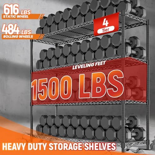 48" W Storage Shelves 1500LBS Metal Shelving Unit with Wheels, Adjustable Garage Shelving Heavy Duty Wire Rack with Liners for Pantry Warehouse Commercial Office, 48" W x 18" D x 76.77" H - Image 5