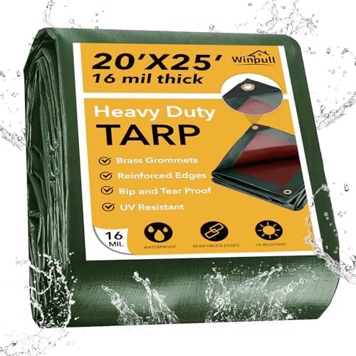 Winpull Tarp 20x25FT, 16 Mil Heavy Duty Waterproof Tarp, Large Multipurpose Cover with Brass Grommets and Reinforced Edges, UV Resistant Thick Poly Tarps for Pool Car Tent Green by Winpull