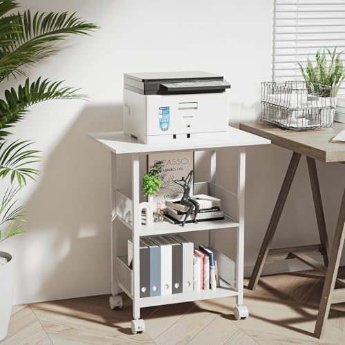 BOHDK Printer Stand, 3-Tier Industrial Large Printer Table with Shelf, 23"x15" Mobile Heavy Duty Storage Rack on Wheels for Home Office Printer Fax Machine Scanner Copier, White - Image 2