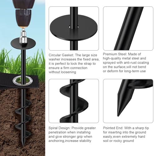 Eurmax USA 4 Pack Universal Ground Anchors High Wind, Heavy Duty Screw-in Trampoline Stakes with 4 Straps, Upgraded Commercial Anchor Kit for Outdoor Sheds, Swing Sets & Mobile Homes (Black) - Image 4