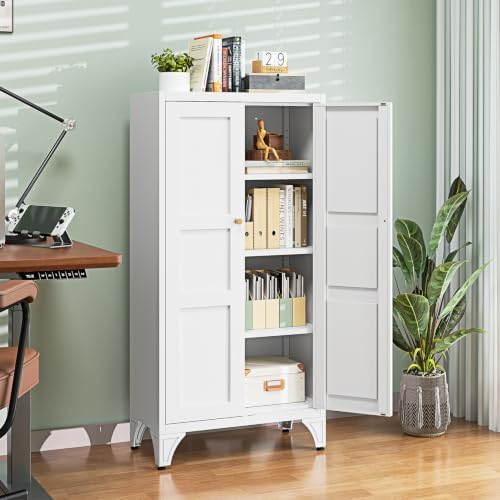 Letaya Metal Storage Cabinet with Doors and Shelves,47.3" H Bathroom Floor Kitchen Pantry Utility Cupboard Dining Home Office/Garage Organizers,White - Image 2