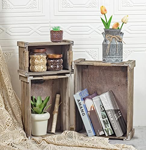 TIMRIS Set of 3 Rustic Wood Nesting Crates, Farmhouse Wooden Storage Container Boxes with Cutout Handles, Decorative Wooden Baskets for Display (Rustic Gray) - Image 6