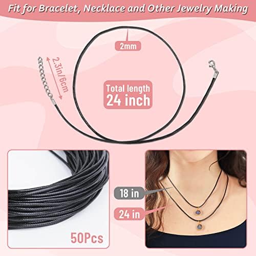 Paxcoo 50Pcs Black Waxed Cotton Cord, 24 Inch Necklace String Rope with Clasp, Bulk for Charms, Pendants, Bracelets, Jewelry Making Supplies and Beading Supplies - Image 2