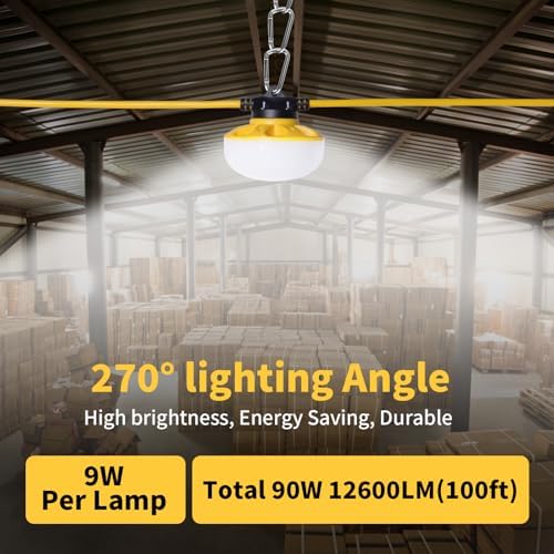 100 FT LED Construction String Lights, 90W 12600LM LED String Work Lights with 10 Bulbs & Hooks, IP65 Waterproof 6000K Industrial Grade Lighting for Renovation, Mine Cave, Job Site, Walkways - Image 6