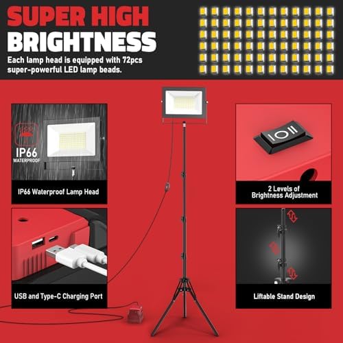 LIVOWALNY 200W LED Work Lights with Stand Compatible with Milwaukee Battery, 2PCS 20000LM Portable Tower Light IP66 Waterproof with 13FT Cord, Foldable Tripod Floodlight Garage Job Site(Tool Only) - Image 4