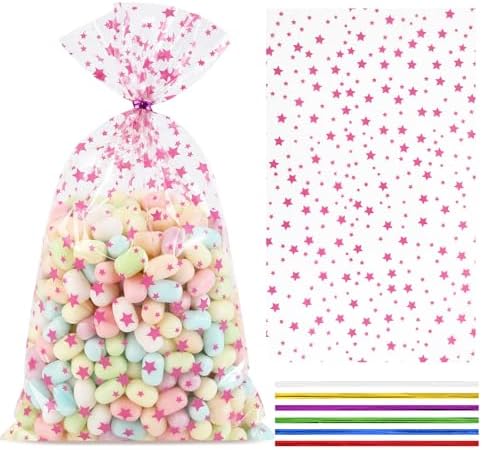 COQOFA 100 Pcs Pink Star 7"X12" Gift Wrap Cello Cellophane Treat Bags Party Favor Bags Clear Candy Cookie Plastic Poly Goodie Storage Bags with Twist Ties for Baby Shower, Gender Reveal, Birthday by COQOFA