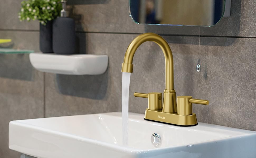 Gold Bathroom Faucet, Brushed Gold Bathroom Faucet, Gold Faucets for Bathroom Vanity, 4 Inch 2 Handle Centerset, Lead-Free, with Copper Pop Up Drain (Brushed Gold) - Image 7