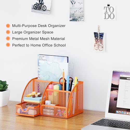 EasyPAG Mesh Desk Organizer with Drawer Multi-functional Pen Holder Stationery Organizer for Office School Supplies 6 Compartments Dorm Organizers and Storage for Desk, Orange - Image 2