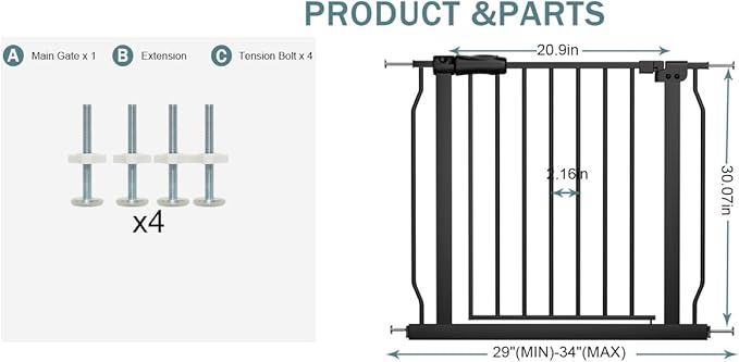 Baby Gate for Stairs 29.13"-33.86" Wide Dog Gates for Doorways Pressure Mounted - Image 3