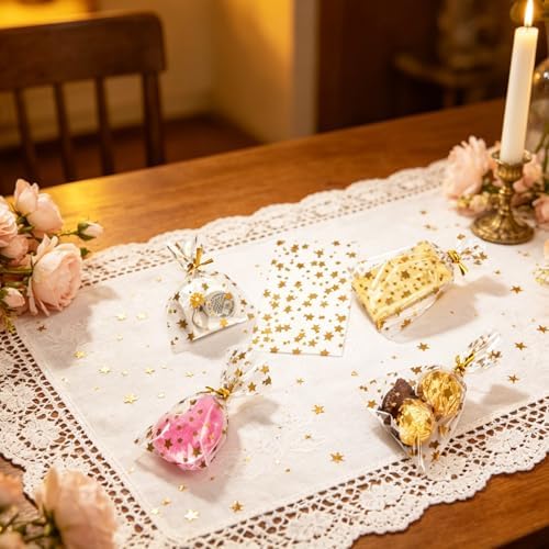 100 Pcs Star Printed 3"X 5"（7.5X12.7cm) Gift Wrap Cello Cellophane Treat Bags Party Favor bags Clear Candy Cookie Bags Plastic Poly Goodie Storage Bags with Twist Ties for Bakery,Birthday, Wedding ,Party Decorations (Gold) - Image 5