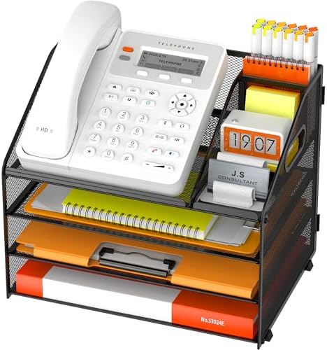 DocNest 4 Tier Metal Mesh Desk File Organizer with Phone Shelf, Black by DocNest