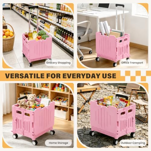 SUNALLY Folding Utility Cart Rolling Crate Handcart Shopping Trolley, Pink - Image 7