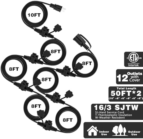 K KASONIC Outdoor Extension Cord 100 FT, Evenly Spaced 12 Outlets, Black - Image 2