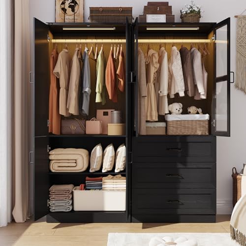 75" Tall Farmhouse 4 Doors Armoire Wardrobe Closet with 3 Drawers and LED,Freestanding Closet Wardrobe Cabinet for Bedroom with Hanging Rod,Wooden Armoire Storage Cabinet with Adjustable shelve(Black) - Image 3