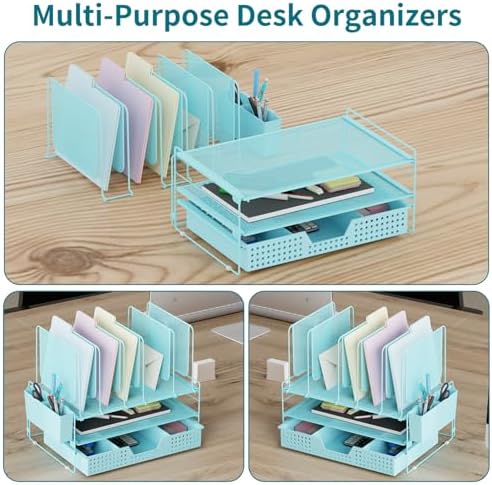LEKETREE Teal Desk Organizer, Office Organization with Vertical File Holder, File Organizer with Drawer and Pen Holder, Desk Accessories and Workspace Organizers for Home Office (Sky Blue) - Image 6
