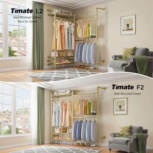 Timate L2 Wall Mounted Clothes Rack Industrial Pipe Clothing Rack for Hanging Clothes, Adjustable Expandable Garment Rack Heavy Duty Closet Organizer, Gold Mounted Closets Industrial Closet System - Image 2