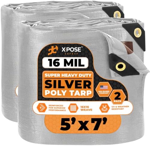 Xpose Safety Super Heavy-Duty 5' x 7' Silver/Brown Poly Tarp (2-Pack) - 16 Mil Waterproof & UV Resistant, Rip-Proof with Reinforced Edges & Grommets by XposeSafety