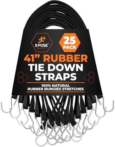 Rubber Bungee Cords with Hooks 25 Pack 41 Inch (62” Max Stretch) Heavy-Duty Black Tie Down Straps for Outdoor, Tarp Covers, Canvas Canopies, Motorcycle, and Cargo - by Xpose Safety by XposeSafety