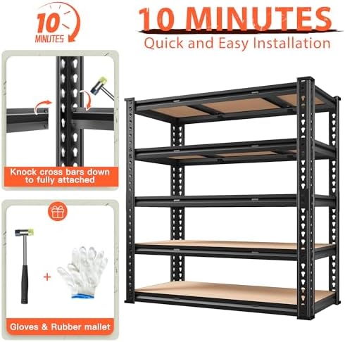 Romorgniz 48" W Garage Shelves 5 Tier Storage Shelves Organizers,3000LBS Heavy Duty Adjustable Shelving Unit,Garage Shelves Metal Shelf for Basement, Warehouse,Commercial,School,72.02" H x 24.4" D,2P - Image 5