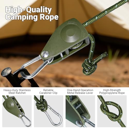 Camping Ropes Guy Line - Tarp Tie Down Ropes with Ratchet System, Pulley & Reinforced Metal Gear - Adjustable Heavy Duty Guy Lines for Canopy Tent, Quick Setup Outdoor Strap-4Pack - 6Pack - Image 3