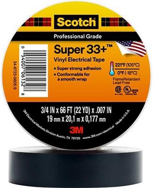 3M Scotch Super 33+ Electrical Tape, 2 in x 66 ft, 1 Roll, Black - Image 2