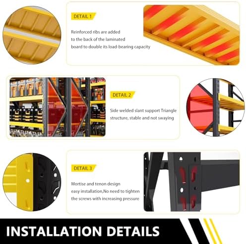 5000LBSHeavy Duty Warehouse Shelving 4-Tier Industrial Steel Storage Shelves, 2600LB Capacity Per Shelf, Adjustable Shelves for Garage/Factory/Commercial Use (Black and Yellow, W78.74*D23.62*H78.74) - Image 3