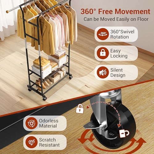 Clothes Rack with 3-Level Height Adjustment - Double Rod Extendable Hanging Rails with Wooden Finials, Luxury 2-Tier Metal Storage Shelves - Sturdy Wardrobe Rack for Closet, Bedroom or Laundry - Image 4