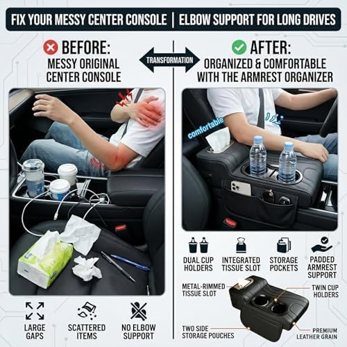 Car Armrest Cover, Embroidered Leather Car Armrest Cushion 4-in-1 Center Console Organizer with Dual Cup Holders, Tissue Box, 2 Side Storage Pockets & Card Slot, Universal for Most Cars (Black) - Image 6