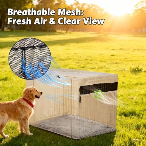 HiCaptain 30-Inch Dog Crate Cover with Mesh, Waterproof Kennel Cover, Beige - Image 2