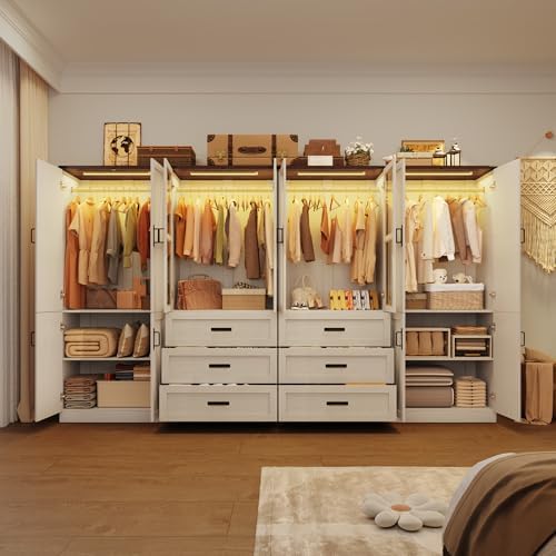 75" Tall Farmhouse 8 Doors Armoire Wardrobe Closet with 6 Drawers and LED,Freestanding Closet Wardrobe Cabinet for Bedroom with Hanging Rod,Wooden Armoire Storage Cabinet(Rustic Off White 8 Doors) - Image 5