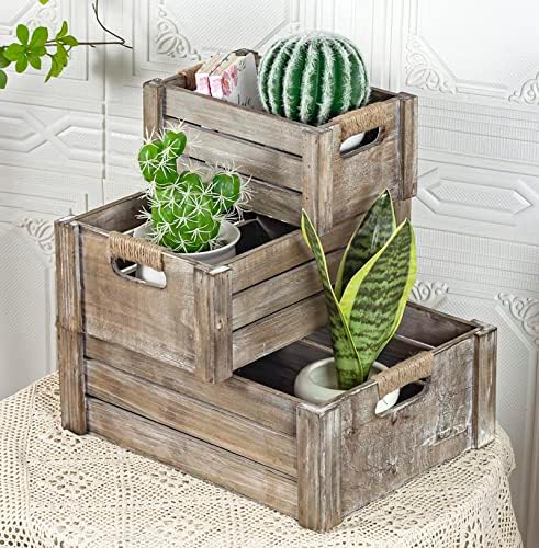 TIMRIS Set of 3 Rustic Wood Nesting Crates, Farmhouse Wooden Storage Container Boxes with Cutout Handles, Decorative Wooden Baskets for Display (Rustic Gray) by TIMRIS