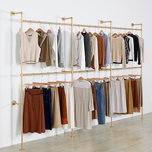 Wall Mounted Industrial Pipe Clothing Garment Racks, Metal Clothing Store Display Stands Clothes Rack Multi-purpose Heavy Duty Hanging Rod for Closet Storage, 134in Gold - Image 2