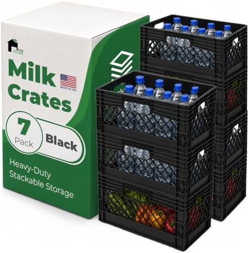 EconoHome Milk Crate - Stackable Storage Crate with Built-In Handles - Heavy Duty Plastic Material - Ventilated Organizer Bin for Garage, Pantry, Classroom, Office & Moving - Black, 19x13x11, 7-Pack by EconoHome