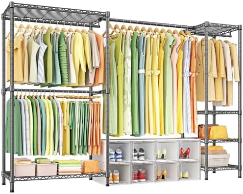 Ulif E10 Clothes Rack（With Stretchable Hanger Rod）Freestanding Clothing Racks for Hanging Clothes，Adjustable Closet Organizer System，Portable Garment Rack 73-97" W x 15" D x 72" H，Max Load 800LBS，Grey by Ulif