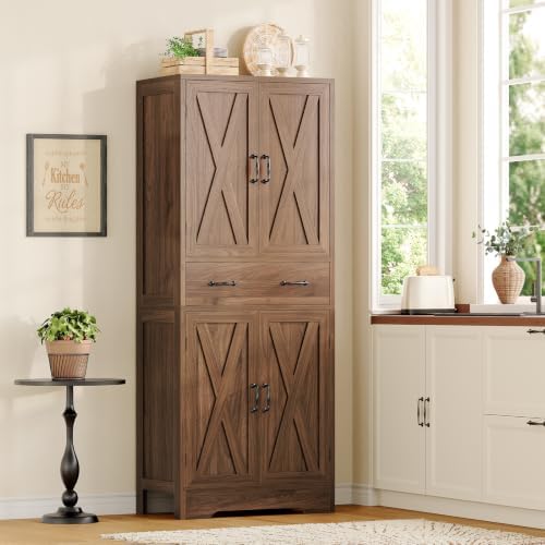 TEENFON Tall Storage Cabinet with 2 Adjustable Shelves & 1 Large Drawer, Kitchen Pantry Cabinet with 4 Doors, Bathroom Storage Cabinets, for Living Room, Kitchen, Bathroom, Walnut - Image 2