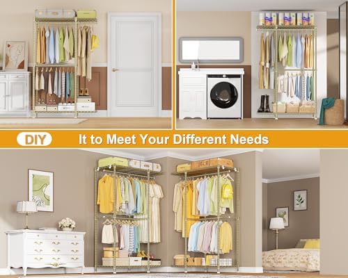 ULIFHOME E14 Pro Heavy Duty Clothes Rack，Freestanding Clothing Racks for Hanging Clothes，Adjustable Closet Organizers and Storage，Metal Garment Rack with Shelves 69"W x16"D x77"H，Max Load 960LBS，Gold - Image 5
