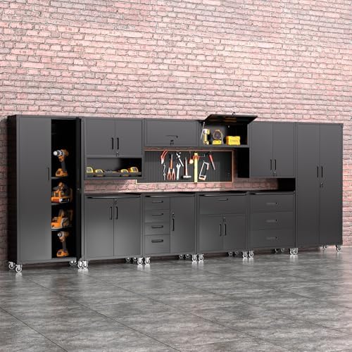 Garage Storage Cabinets System 8 PCS Workshop Set with Drawers Locking Heavy Duty Rolling Cart with Adjustable Shelves Garage Tool Workbench Cabinets (8 PCS, Black) - Image 4