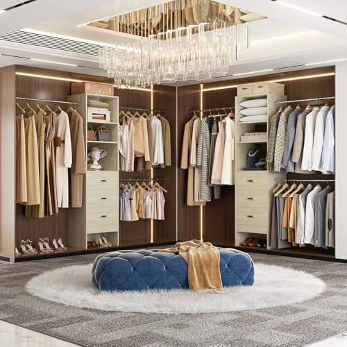 Besiost 96'' Closet Organizer System with 3 Hanging Rods, 8FT Closet Organizers and Storage with 3 Wooden Drawers, Built in Closet Organizer Systems, Adjustable Walk-in Wardrobe from 2-8FT, White Oak - Image 2