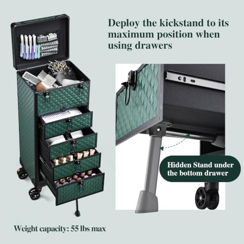 Yueieoun Nail Salon Cart with 4 Drawers,Rolling Makeup Train Case for Beauty,Cosmetology Case on Wheels Trolley Cart,Lockable Organizer Travel Case for Manicure/Face Painting/Hairstylist,DARK GREEN - Image 5
