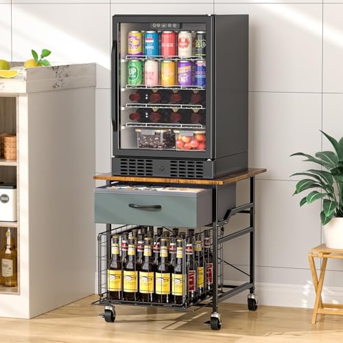 Mini Fridge Stand, Heavy-Duty End Table Fridge Table with Storage, Small Refrigerator Stand with Rolling Wheels for Dorm, Kitchen,Pantry by Glocryp