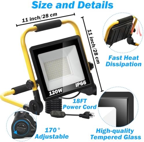 14400LM LED 120W Work Light, Portable Flood Light with 18FT Cord, IP66 Waterproof 5000K Worklight Floodlight for Outdoor, Job Site Workshop Garage Construction Site Lighting - Image 7