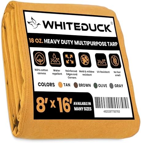 WHITEDUCK 8'x16' Canvas Tarp 18 oz/37 Mil Heavy Duty Water Repellent UV Resistant, Rustproof Grommets, Industrial & Commercial Use Cloth Tarp (Finished Size: 7'6"x15'6", Tan) by WHITEDUCK