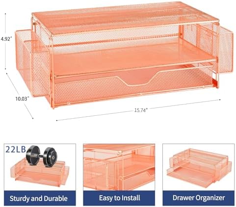 AUPSEN Computer Monitor Stands Riser，2-Tier Desk Organizers and Accessories, Office Desk Accessories Organizer with Drawers and 2 Pen Holder for Office Supplies (Rose Gold) - Image 5
