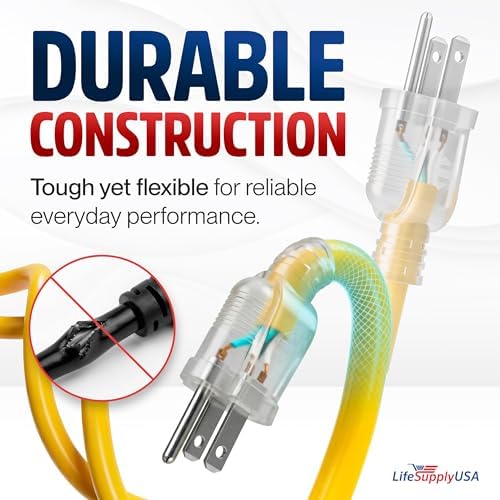 100ft Outdoor/Indoor Extension Cord 12/3 Gauge Extra Heavy Duty 3 Prong SJTW, Waterproof, Flexible Cold-Resistant Long Power Cord,15A 125V 1875W, Yellow by LifeSupplyUSA - Image 3