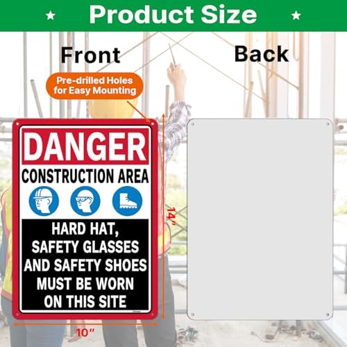 2 Pack Danger Construction Area Hard Hat Safety Glasses and Safety Shoes Must Be Worn On This Site Signs 14” x 10” Rust-Free Aluminum Easy to Install - Image 2