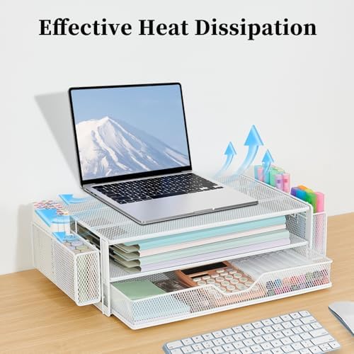 AUPSEN Computer Monitor Stands Riser，2-Tier Desk Organizers and Accessories, Office Desk Accessories Organizer with Drawers and 2 Pen Holder for Office Supplies (White) - Image 6